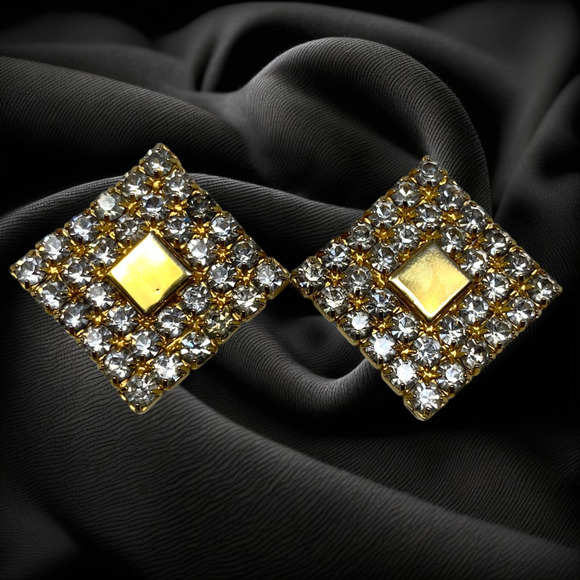 Vintage 1980's Crystal Pave Clip On Square Modernist Earrings Runway Couture - Picture 1 of 5